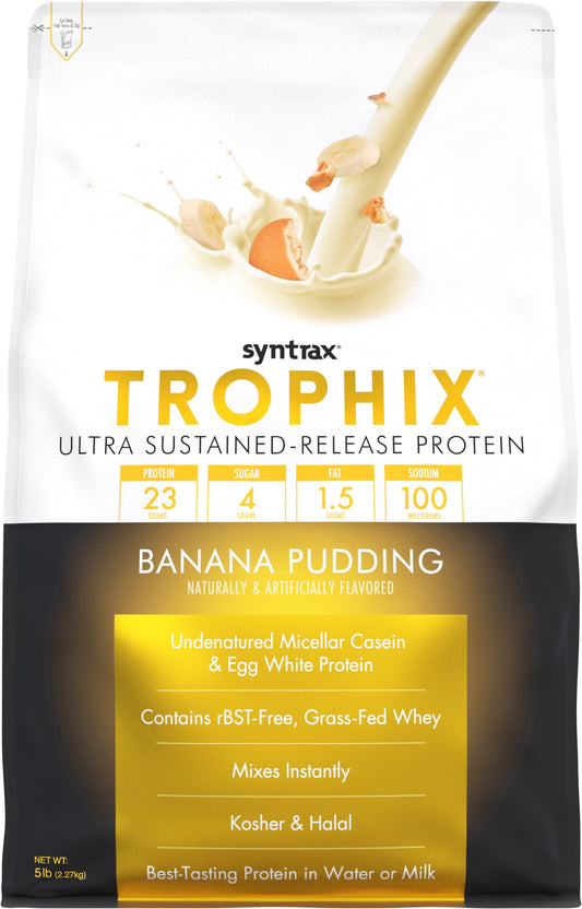 Syntrax Trophix Banana Pudding tub front label highlighting sustained amino release for post-workout fueling