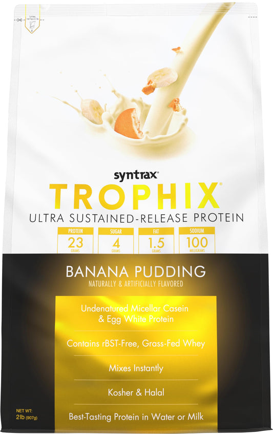 Syntrax Trophix Banana Pudding tub for convenient, anytime protein