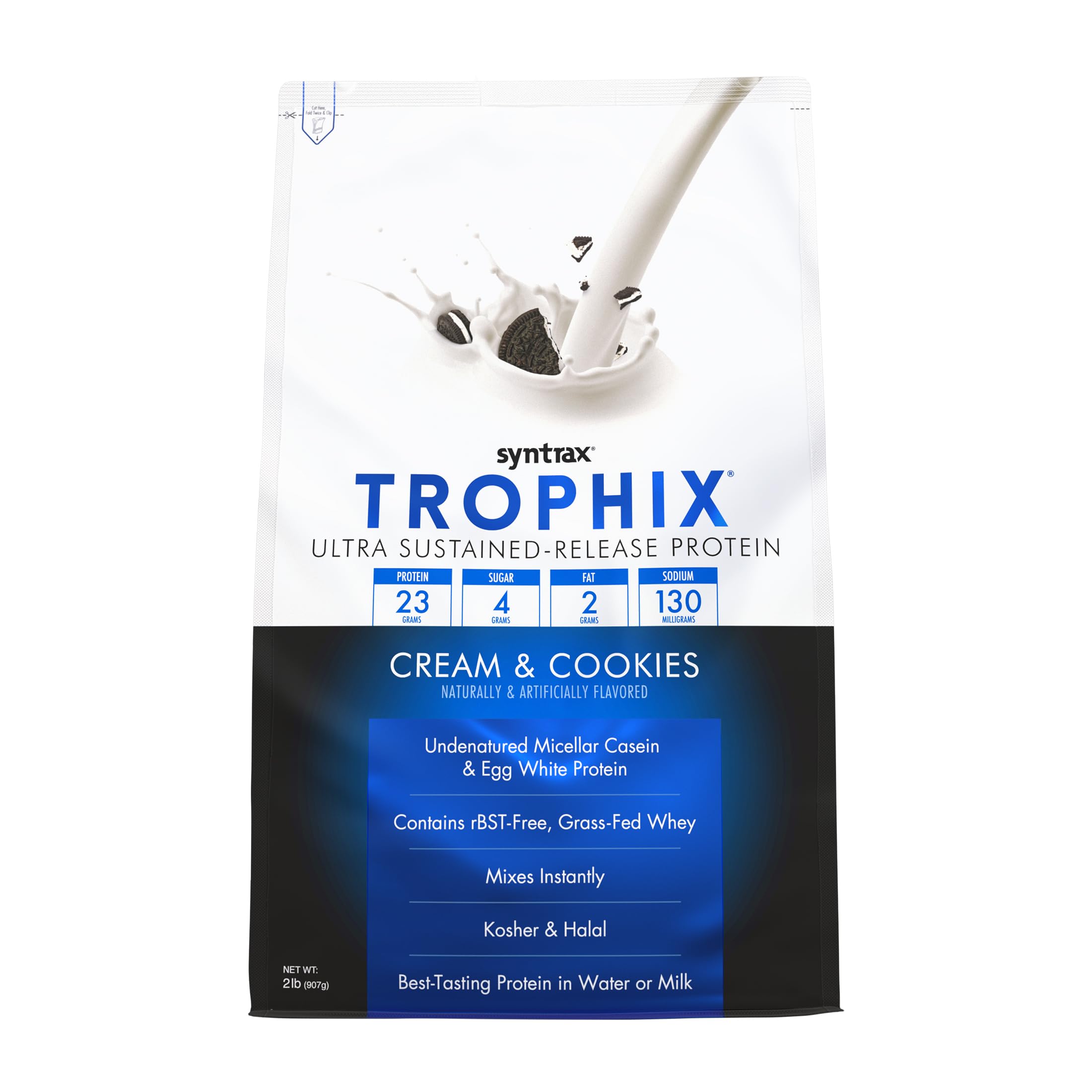 Syntrax Trophix cream and cookies bottle front highlighting ultra sustained-release protein for steady amino acids