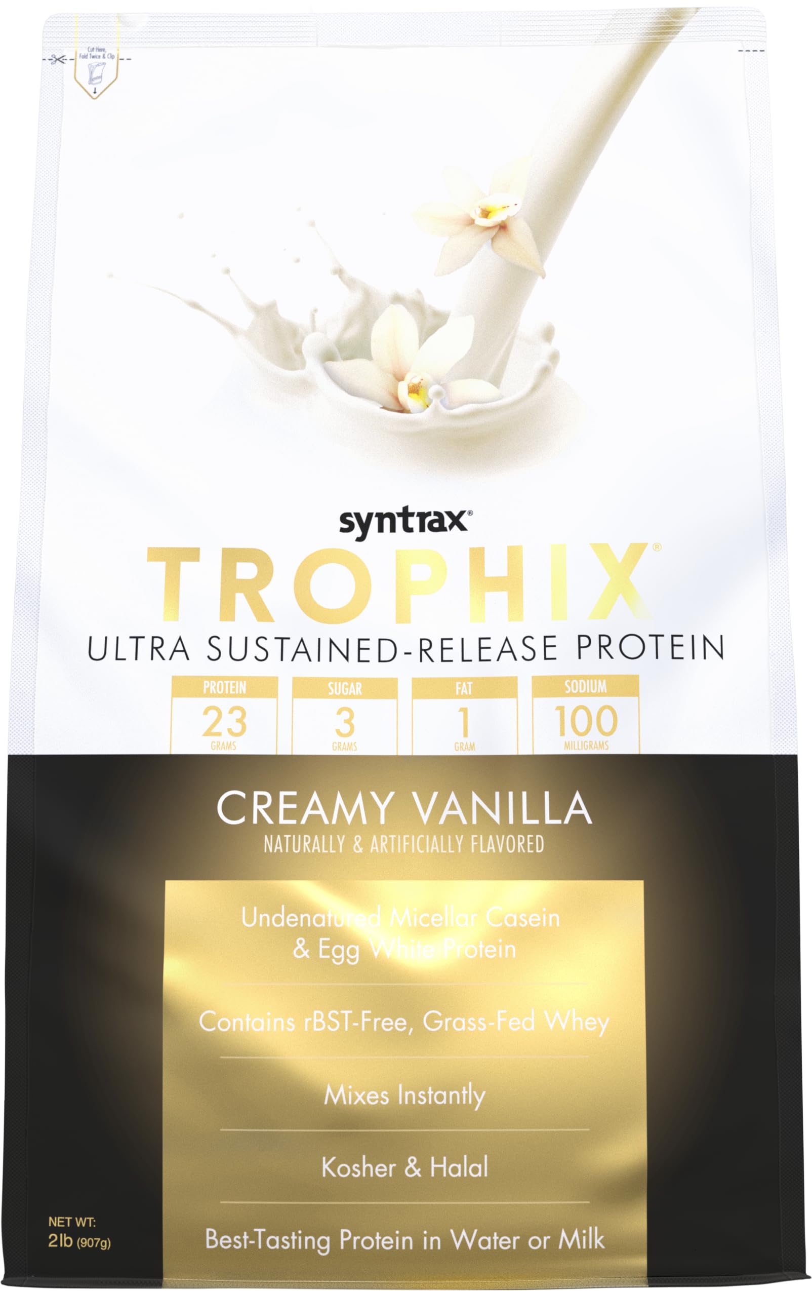 Syntrax Trophix Creamy Vanilla bottle highlighting ultra sustained-release protein for steady amino acids