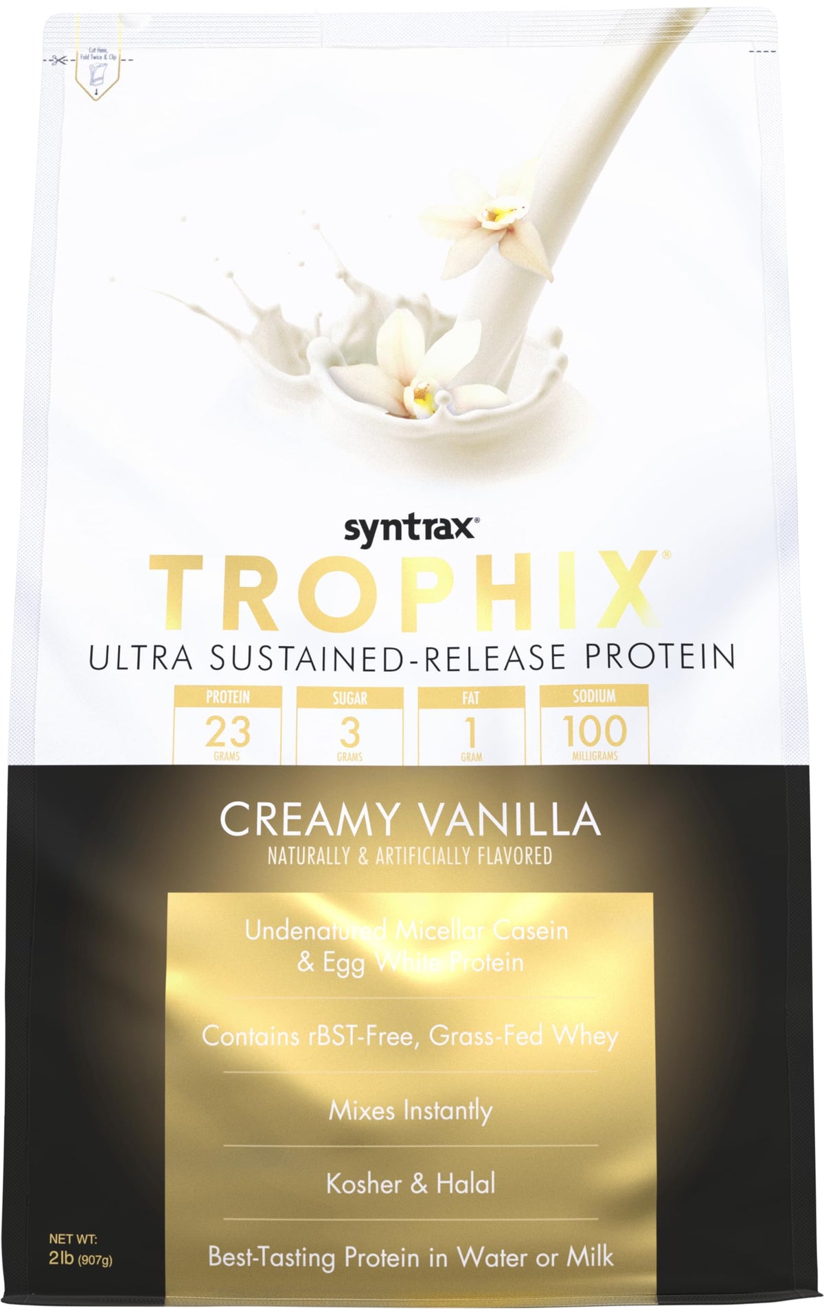 Syntrax Trophix Creamy Vanilla bottle highlighting ultra sustained-release protein for steady amino acids
