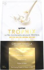 Syntrax Trophix Creamy Vanilla bottle highlighting ultra sustained-release protein for steady amino acids