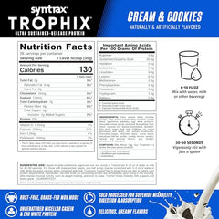 Syntrax Trophix label closeup emphasizing high-quality multi-source protein blend for recovery support