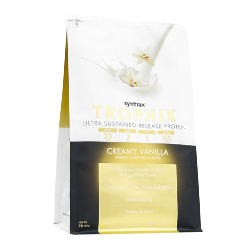 Syntrax Trophix powder scoop showing four-protein blend for versatile shakes