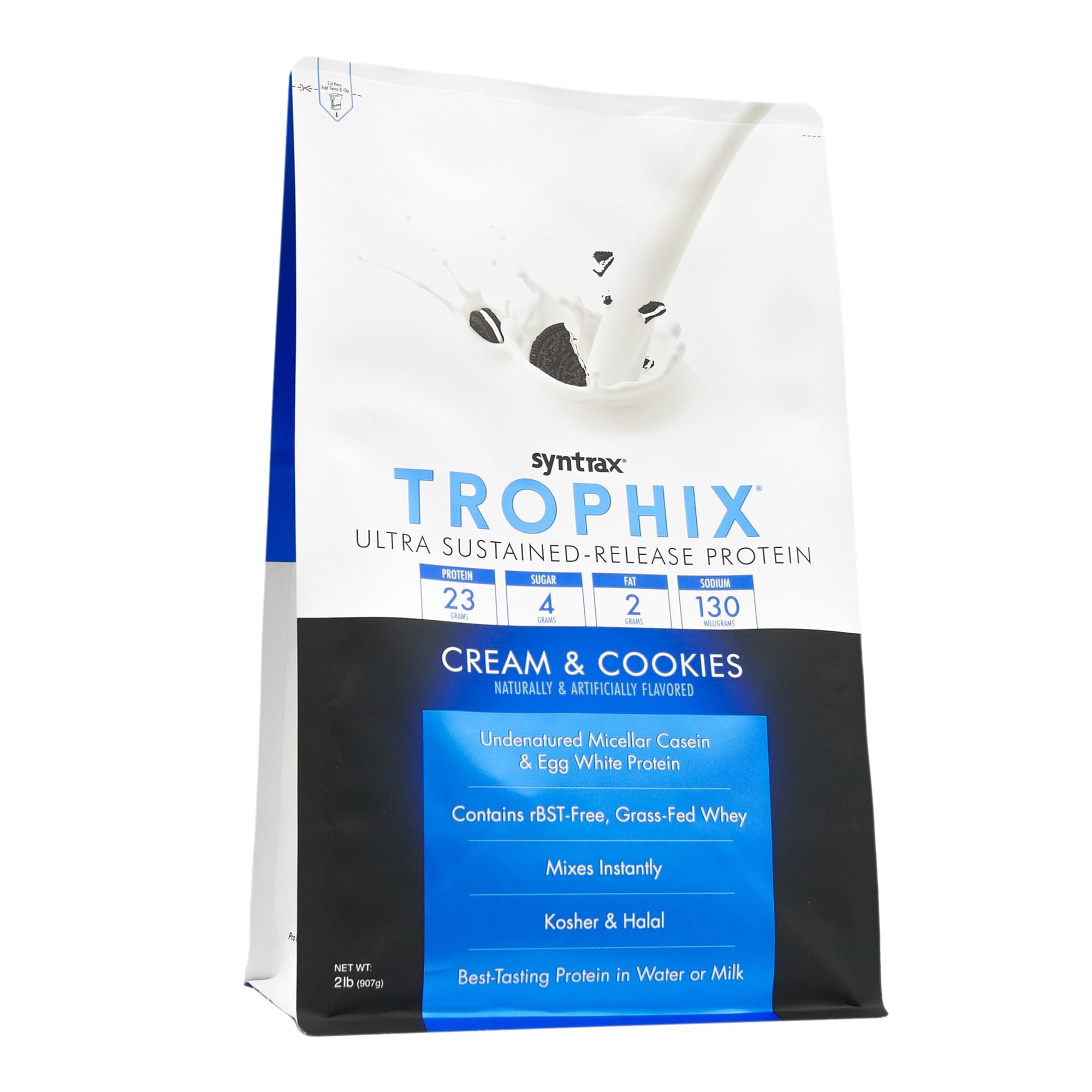 Syntrax Trophix shake pouring into glass showing smooth mixability and real cookie pieces