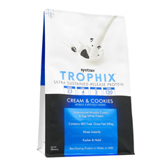 Syntrax Trophix shake pouring into glass showing smooth mixability and real cookie pieces
