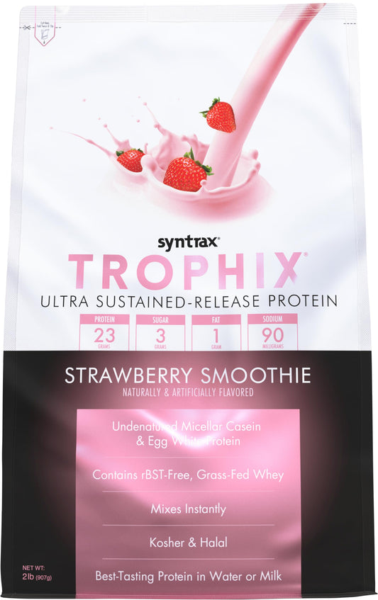 Syntrax Trophix strawberry smoothie label front for post-workout flavor cue