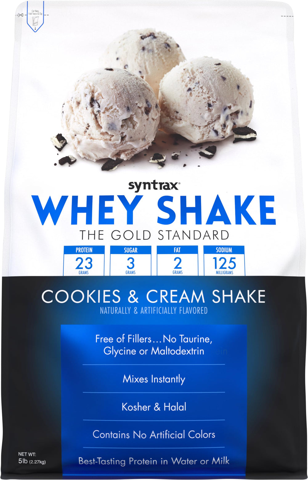 Syntrax Whey Shake cookies and cream powder with real cookie pieces for tasty protein.