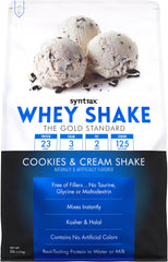 Syntrax Whey Shake cookies and cream powder with real cookie pieces for tasty protein.