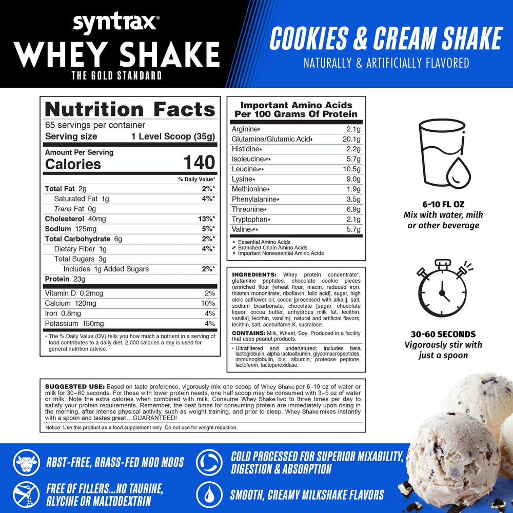 Syntrax Whey Shake nutrition label highlights clean ingredients and no fillers.