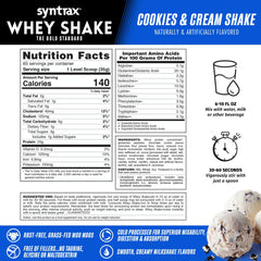 Syntrax Whey Shake nutrition label highlights clean ingredients and no fillers.