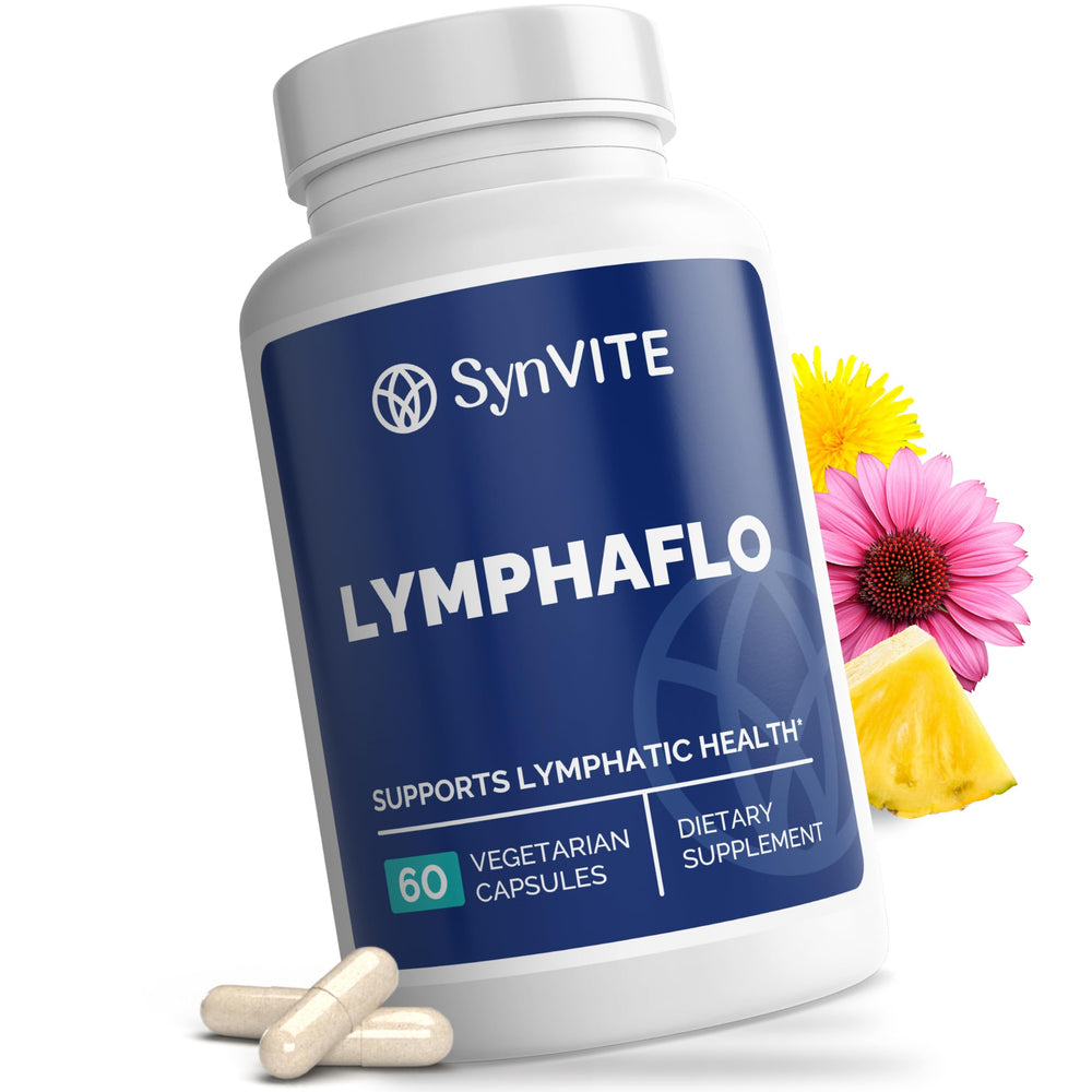 SYNVITE LymphaFlo bottle front showing natural lymph support in daily routine.