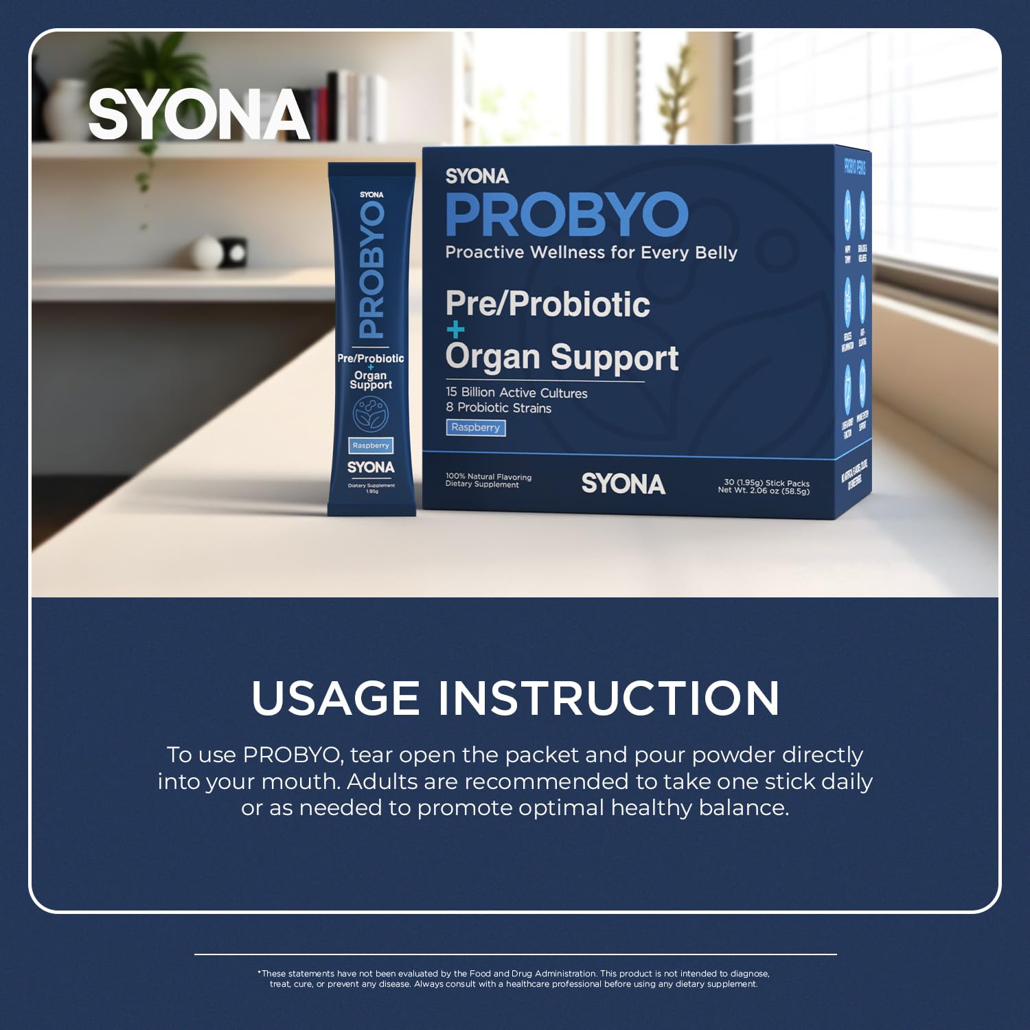 SYONA PROBYO 30-stick pack display emphasizes convenient daily probiotic routine.