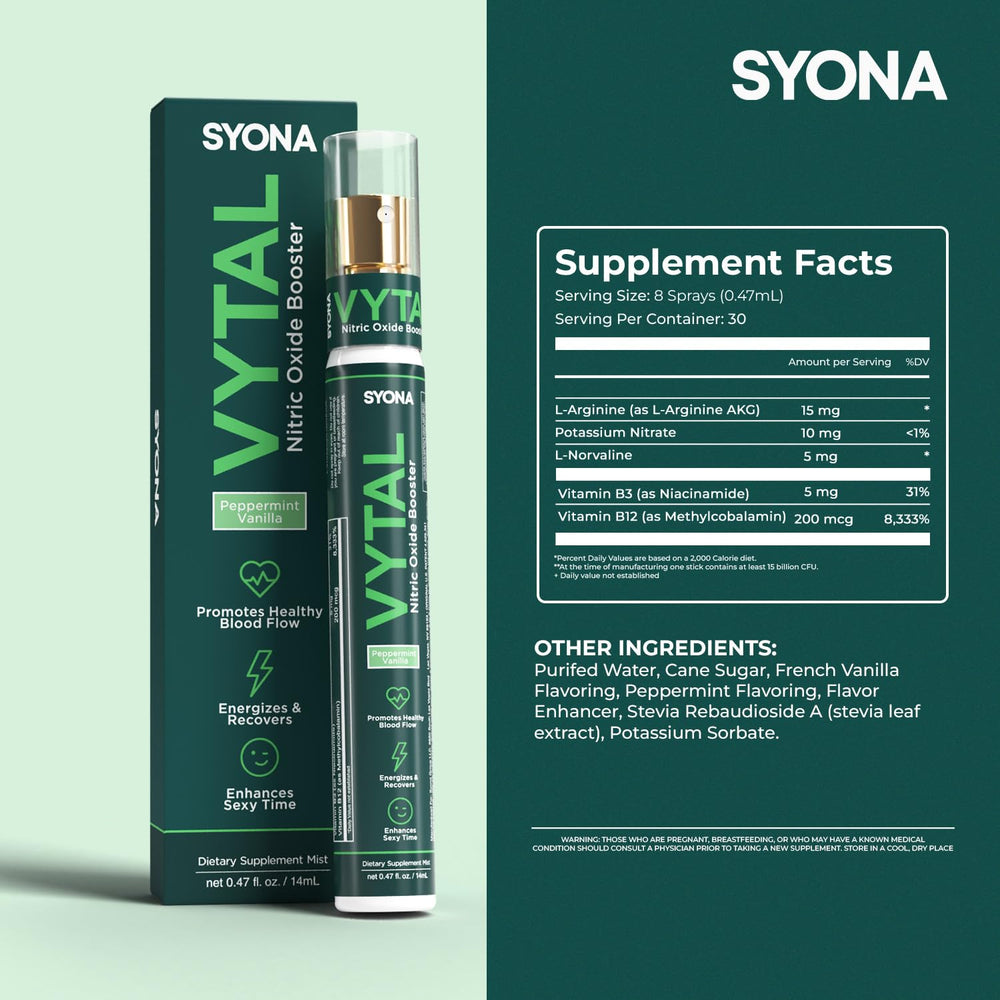 SYONA VYTAL boosting spray used during workouts to support endurance and reduce fatigue
