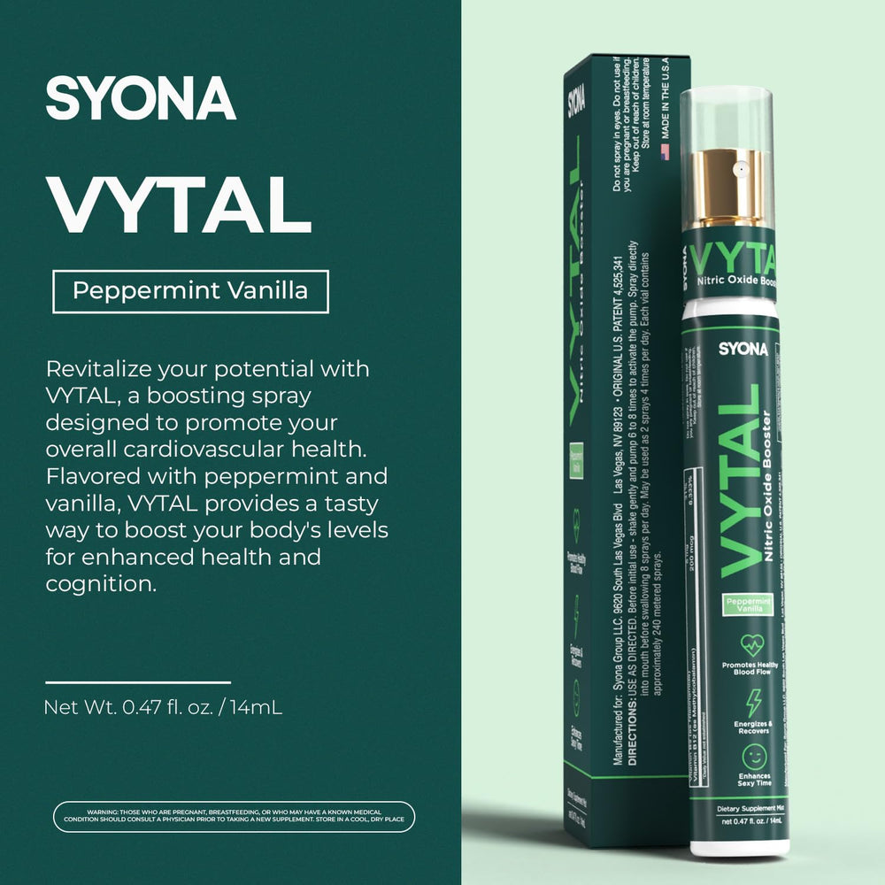 SYONA VYTAL boosting spray features B12, B3, L-Arginine and nitric oxide support
