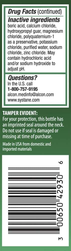 Systane bottle cap and label close-up, highlighting sterile, doctor-recommended eye comfort.