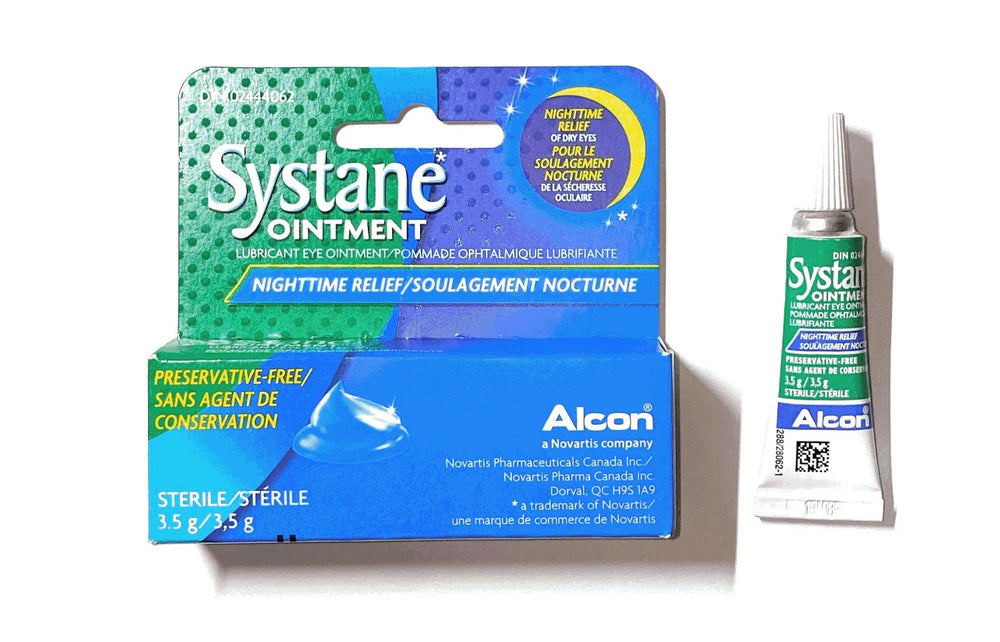 Shelf display of Systane Nighttime Eye Ointment six-pack for nighttime relief.