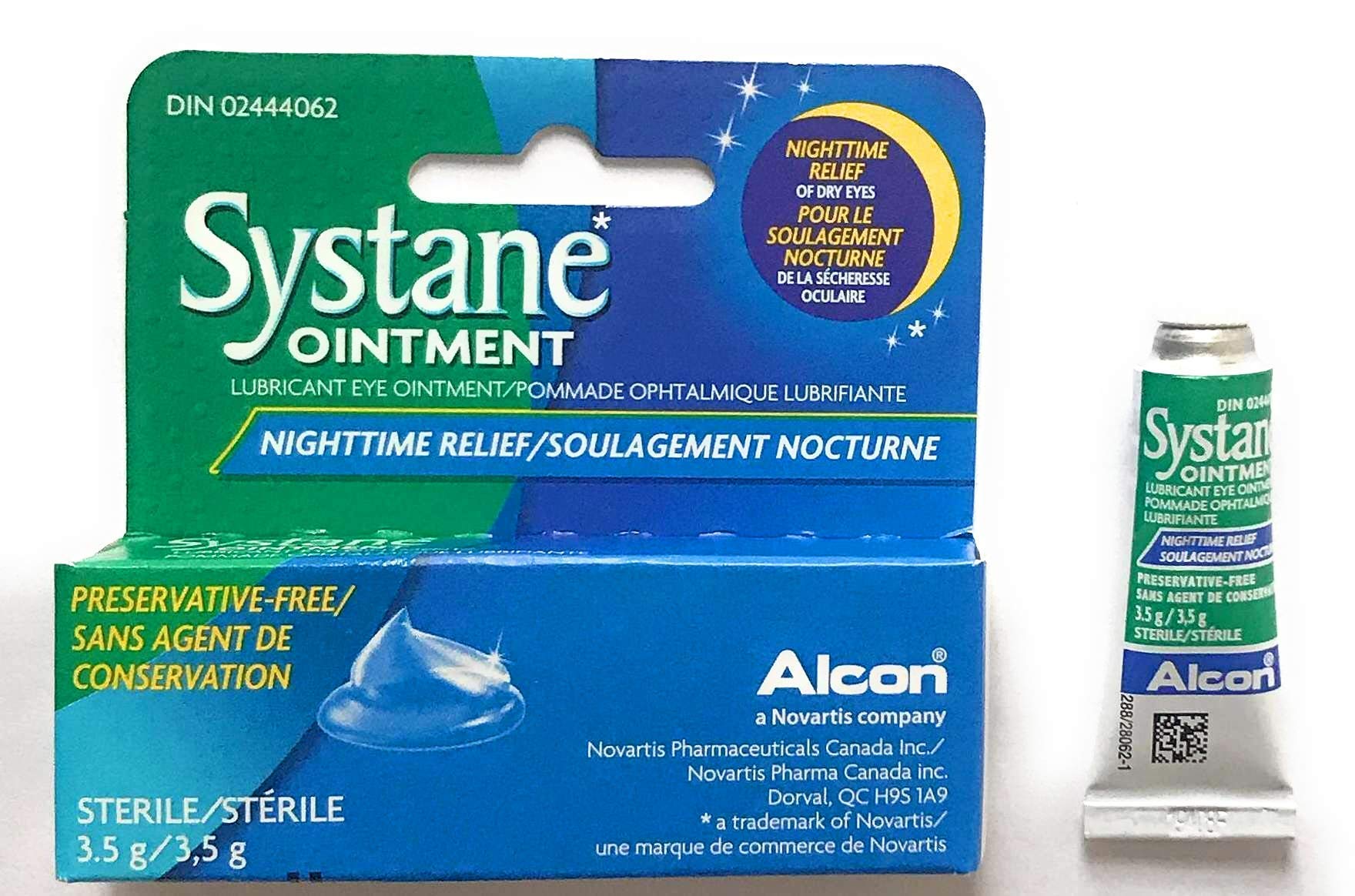 Close-up of Systane Nighttime Eye Ointment tube showing petroleum-based formula.