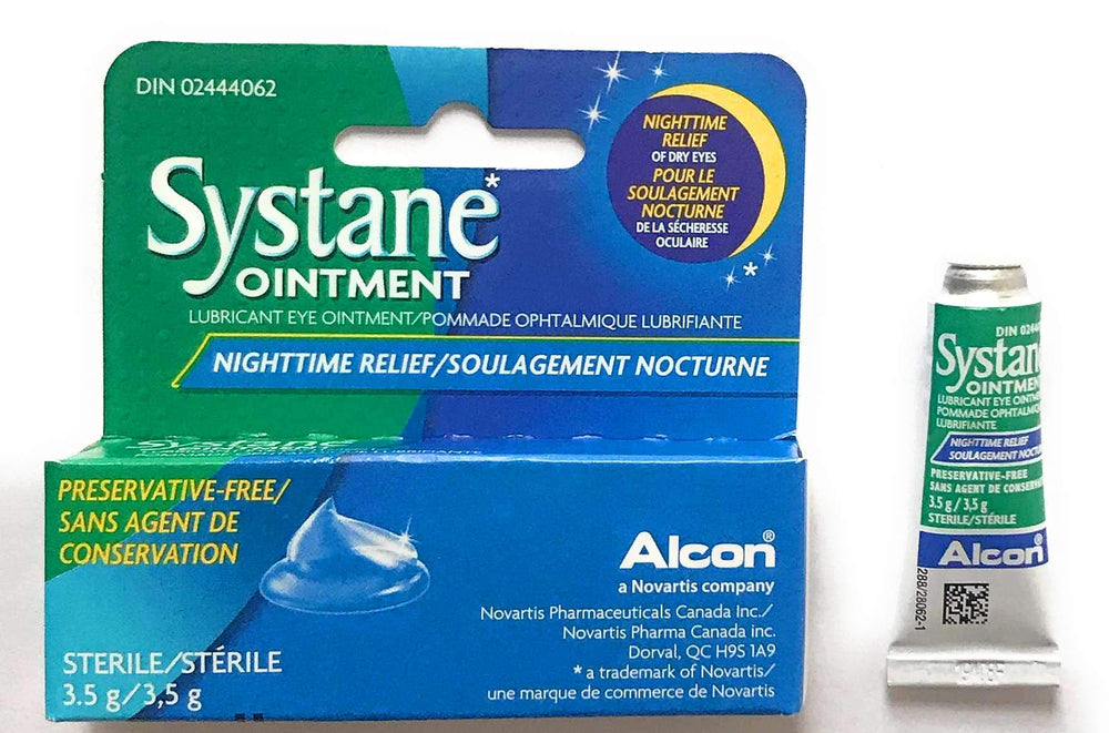 Close-up of Systane Nighttime Eye Ointment tube showing petroleum-based formula.