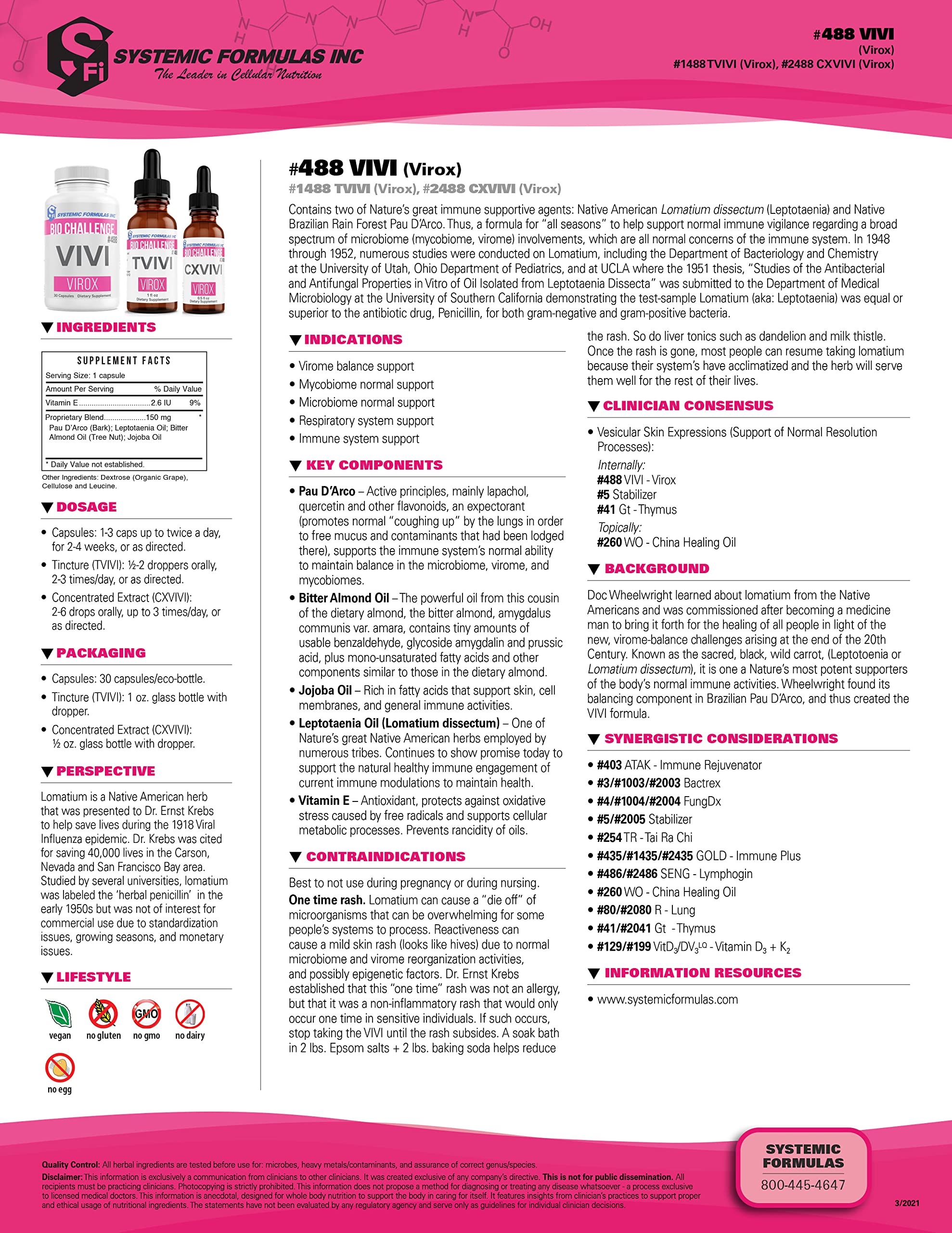 Systemic Formulas Vivi Virox pau-d-arco component label emphasizing traditional herbal notes