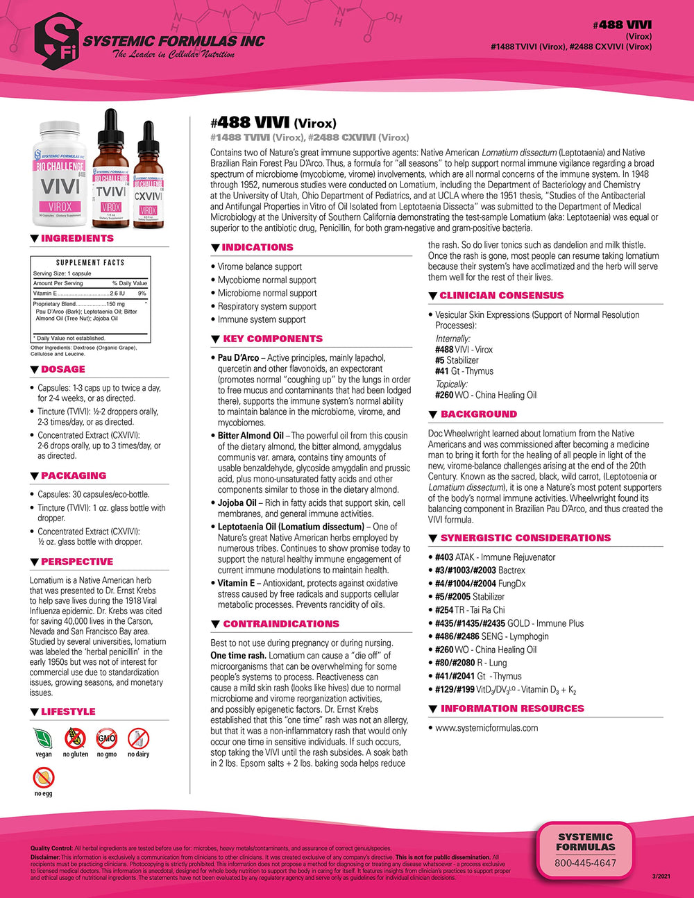Systemic Formulas Vivi Virox pau-d-arco component label emphasizing traditional herbal notes