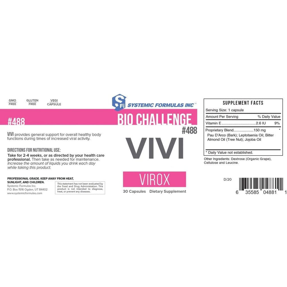 Systemic Formulas Vivi Virox packaging promoting vegan and gluten-free supplement