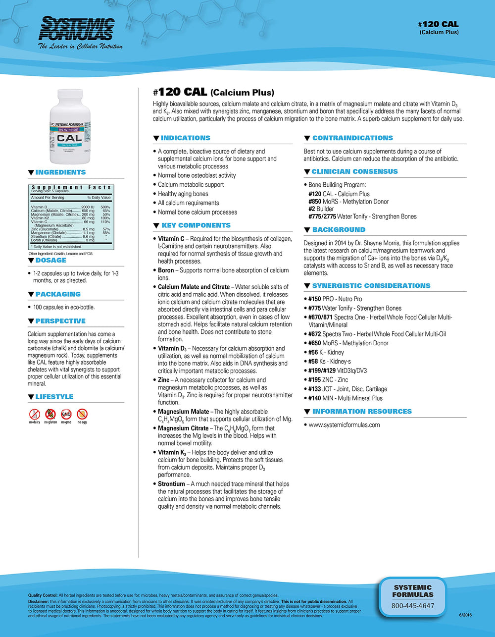 Systemic Formulas CAL Calcium Plus bottle back with supplement facts for absorption.