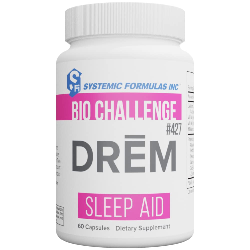 Systemic Formulas DReM sleep aid bottle on a nightstand with calming lighting.