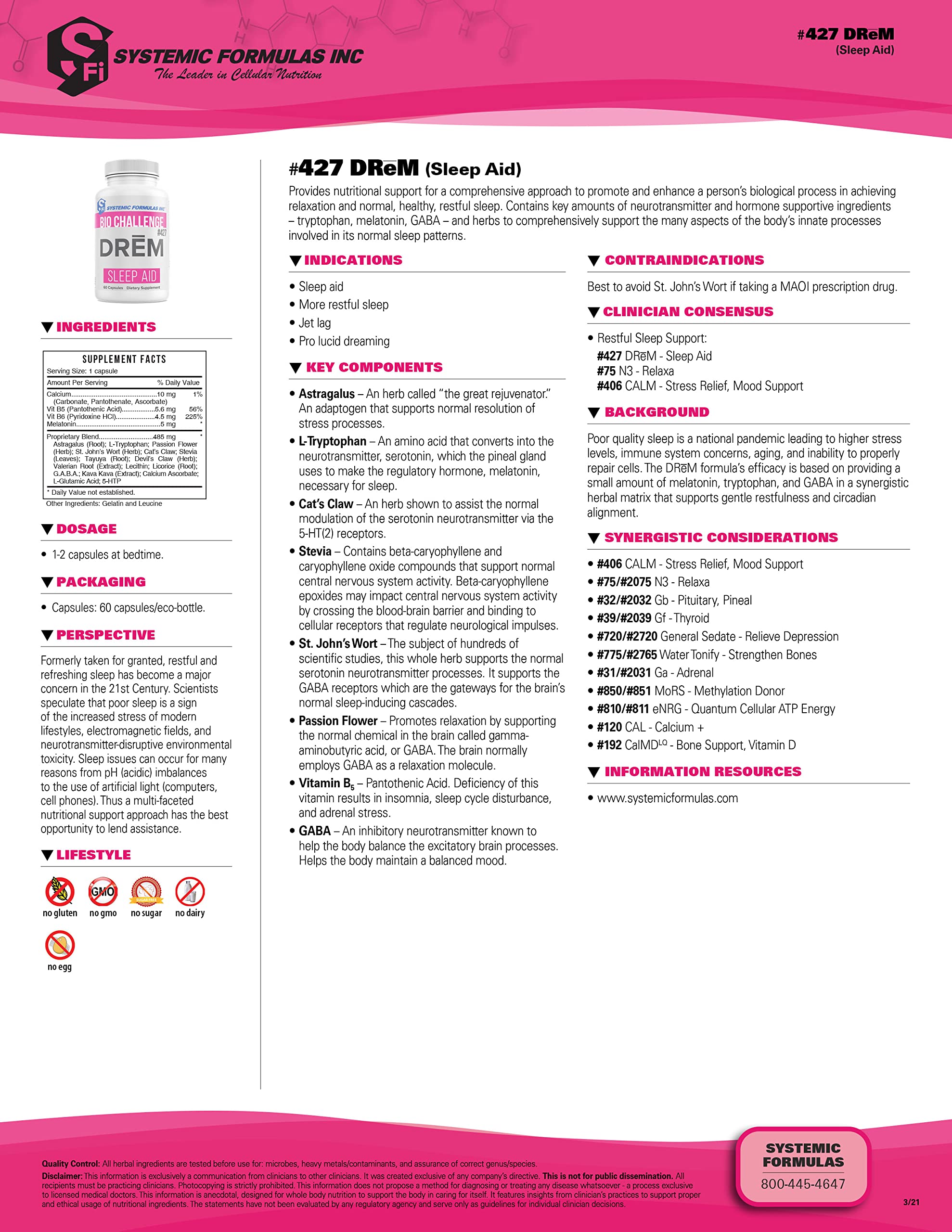 Systemic Formulas DReM sleep aid label highlighting key ingredients for relaxation.