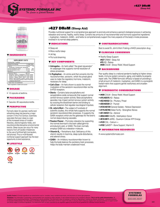 Systemic Formulas DReM sleep aid label highlighting key ingredients for relaxation.