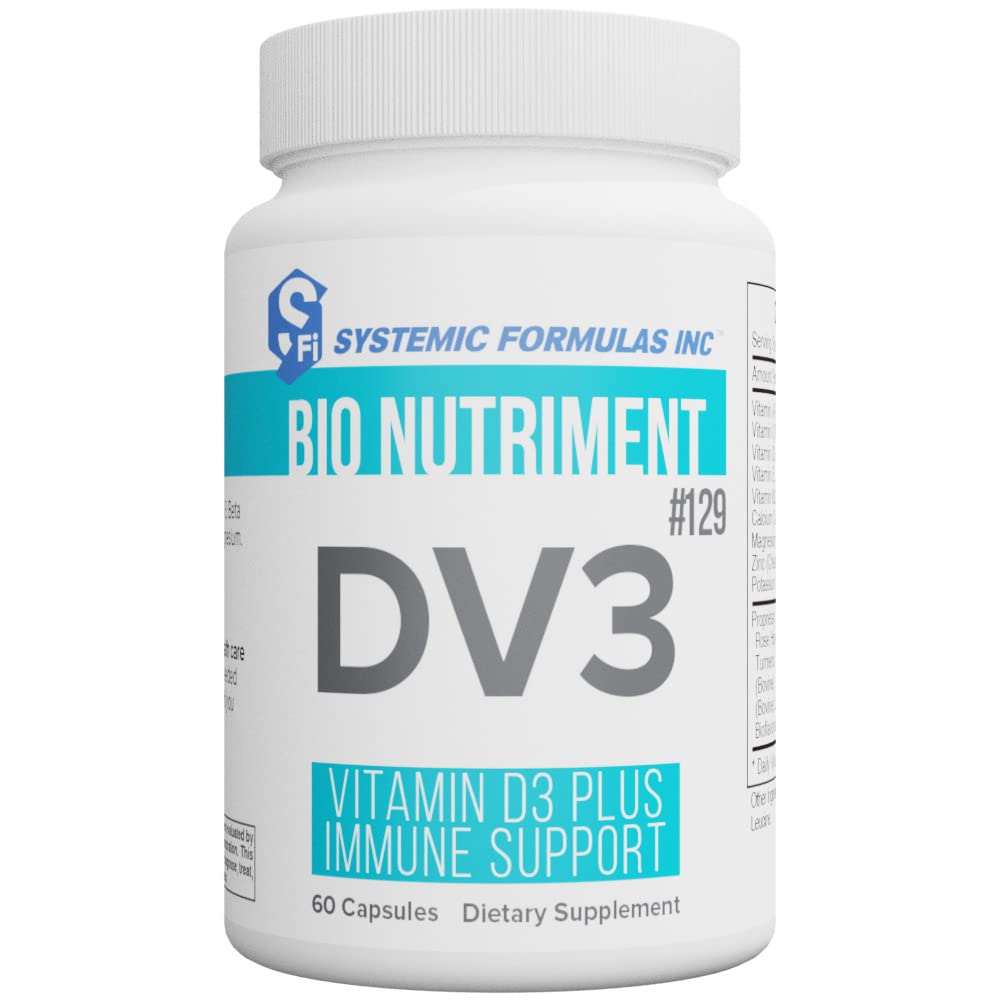 Systemic Formulas DV3 bottle front showing vitamin D3 and K2 immune support benefits