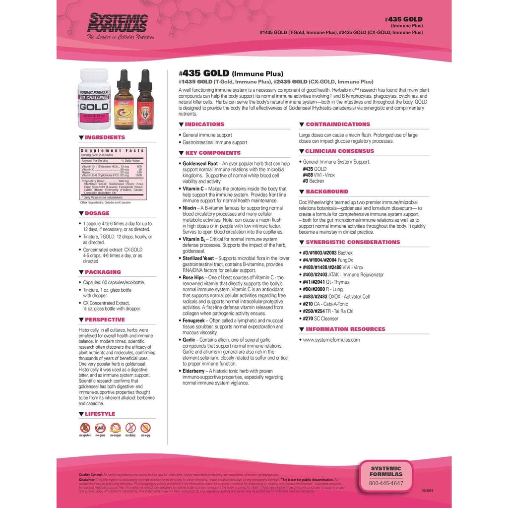 Systemic Formulas Gold Immune Plus label close-up with key ingredients.