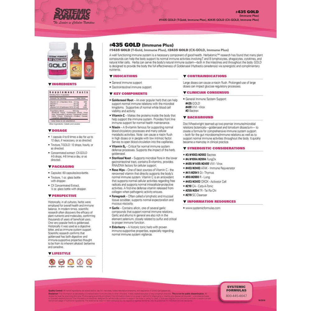 Systemic Formulas Gold Immune Plus label close-up with key ingredients.