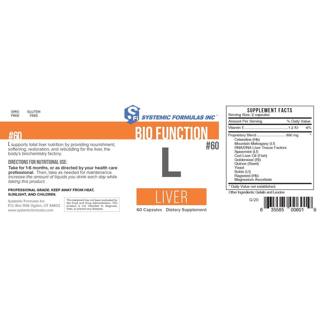 Systemic Formulas L liver bottle shown with natural ingredients.