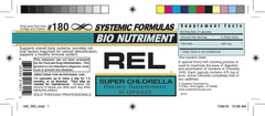 Systemic Formulas REL - CHLORELLA packaging display highlights product benefits.