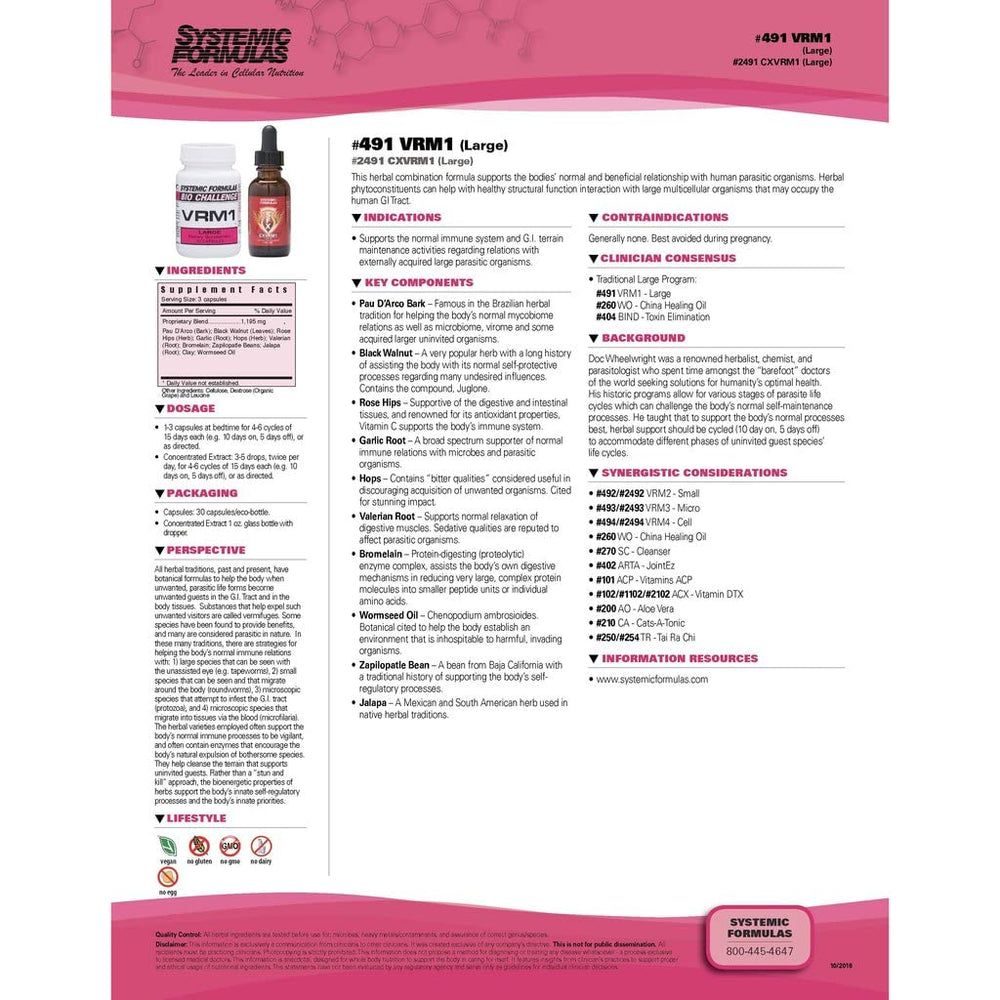 Systemic Formulas VRM1 garlic oil label close-up highlighting flavor profile.