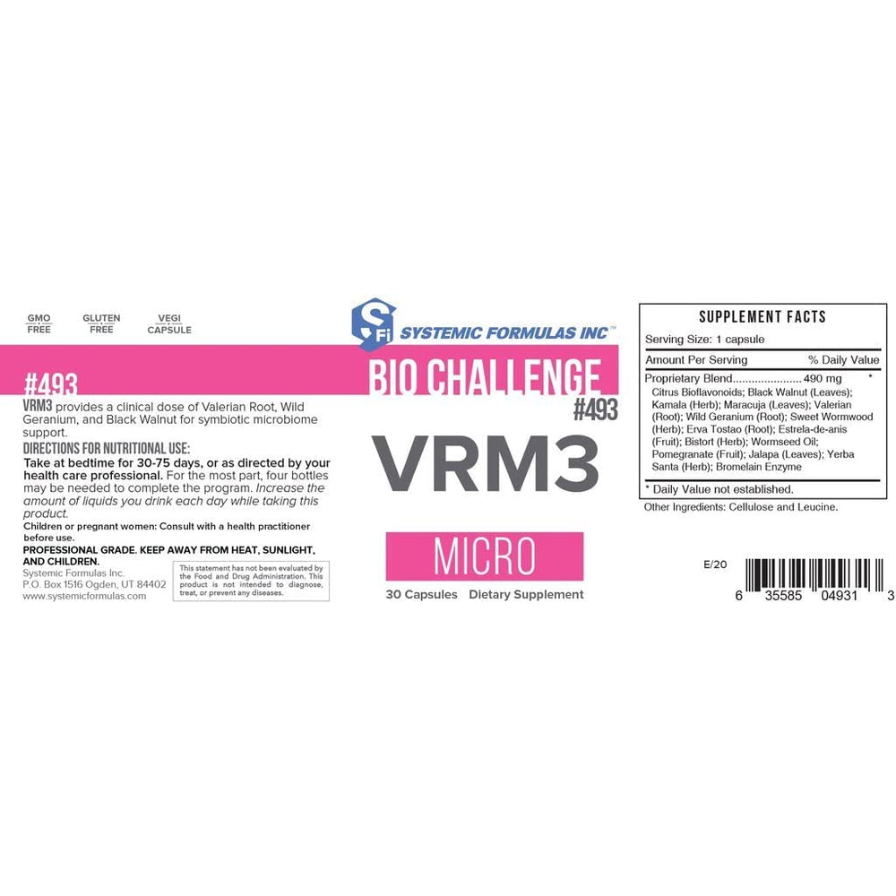 Systemic Formulas VRM3 capsules closeup suggests compact, add-to-routine convenience.