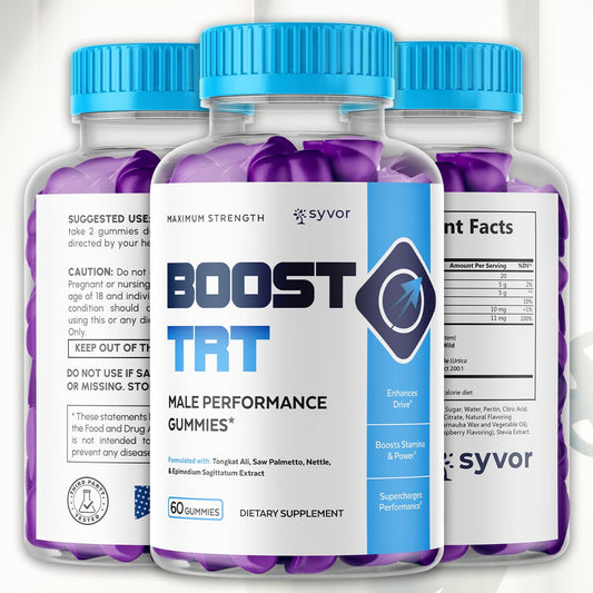 Syvor Boost TRT Gummies label close-up highlighting natural ingredients.