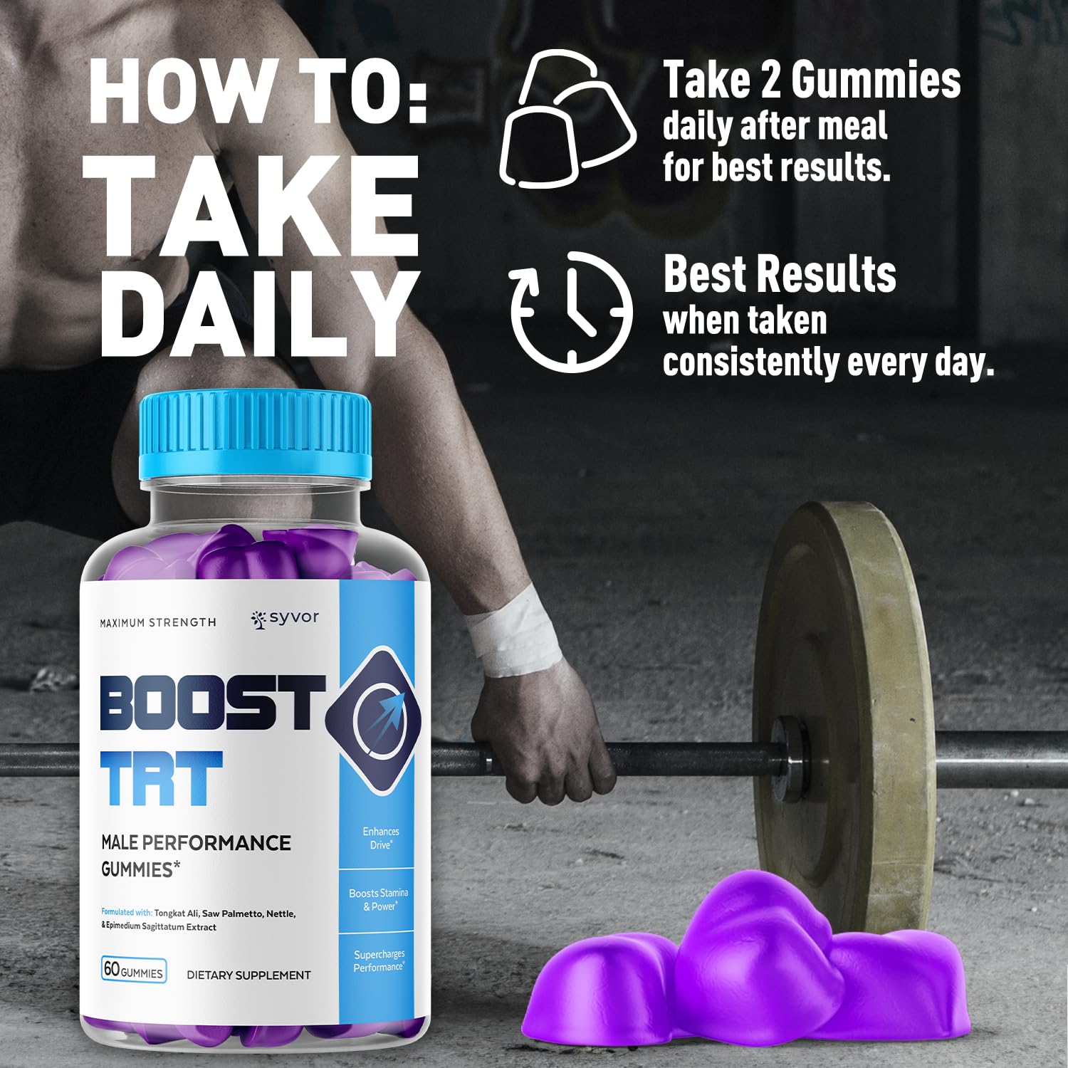 Syvor Boost TRT Gummies three-pack box shown for convenient monthly supply.