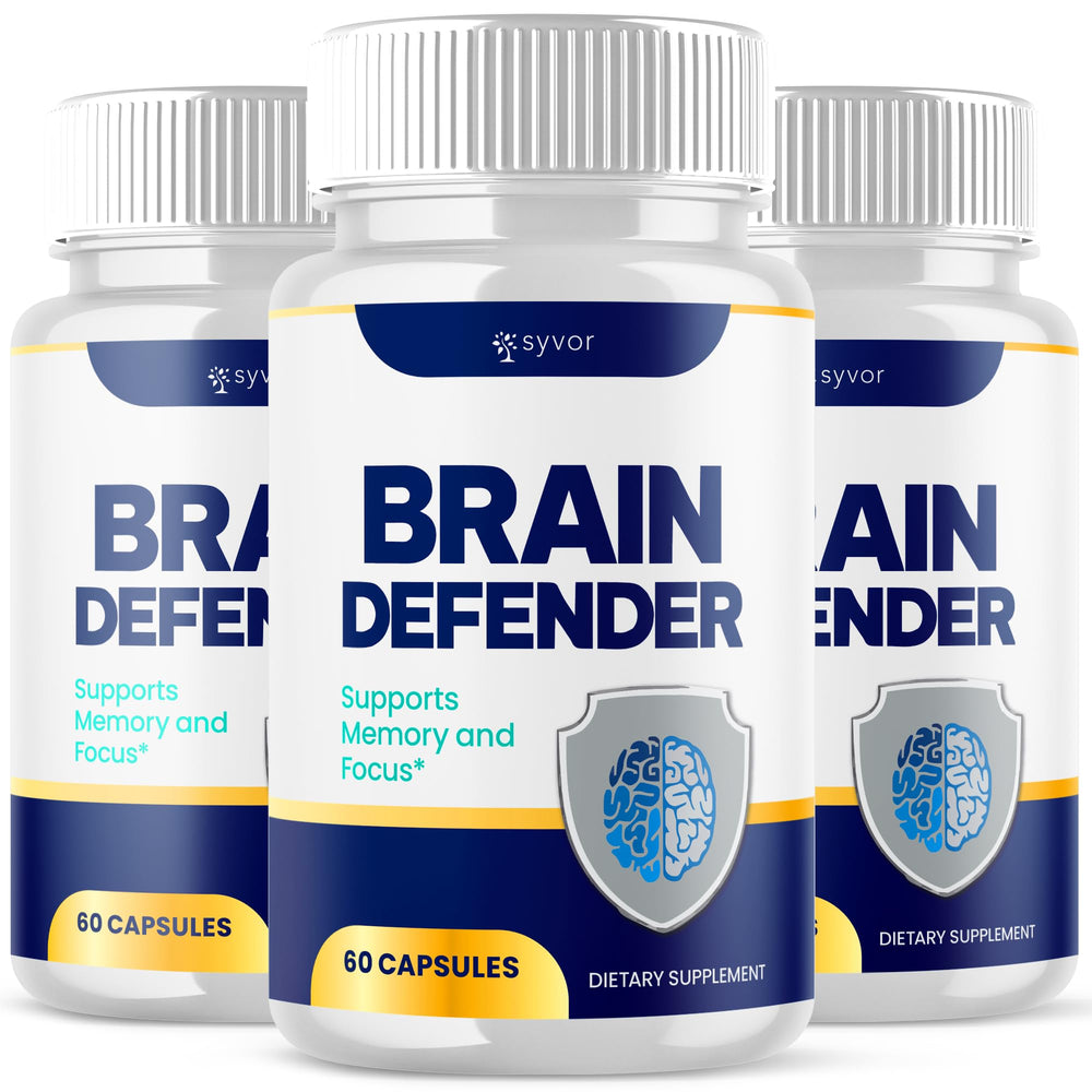 Syvor Brain Defender 3-pack bottles on a desk for daily brain support.