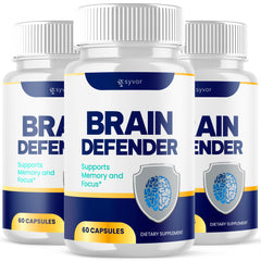 Syvor Brain Defender 3-pack bottles on a desk for daily brain support.