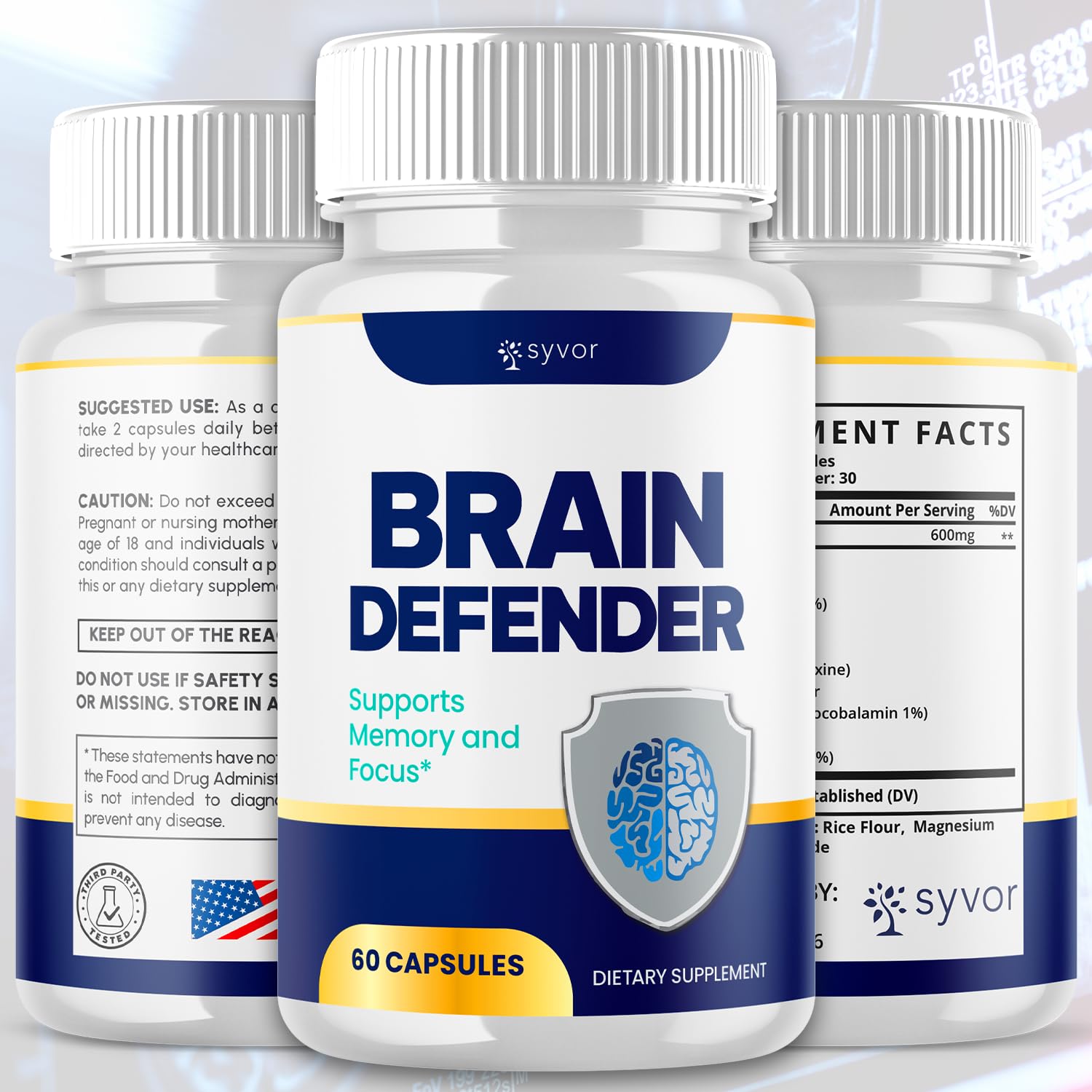 Syvor Brain Defender capsules close-up showing natural capsules for clarity.