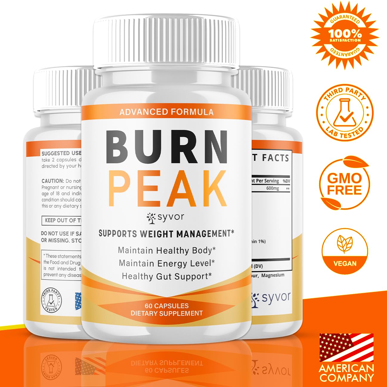Close-up of Syvor Burn Peak capsules highlighting all-natural ingredients.