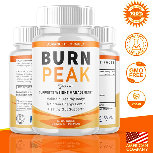 Close-up of Syvor Burn Peak capsules highlighting all-natural ingredients.