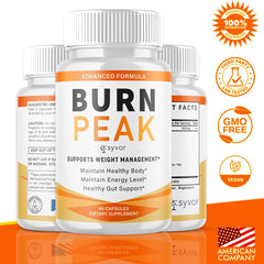 Close-up of Syvor Burn Peak capsules highlighting all-natural ingredients.