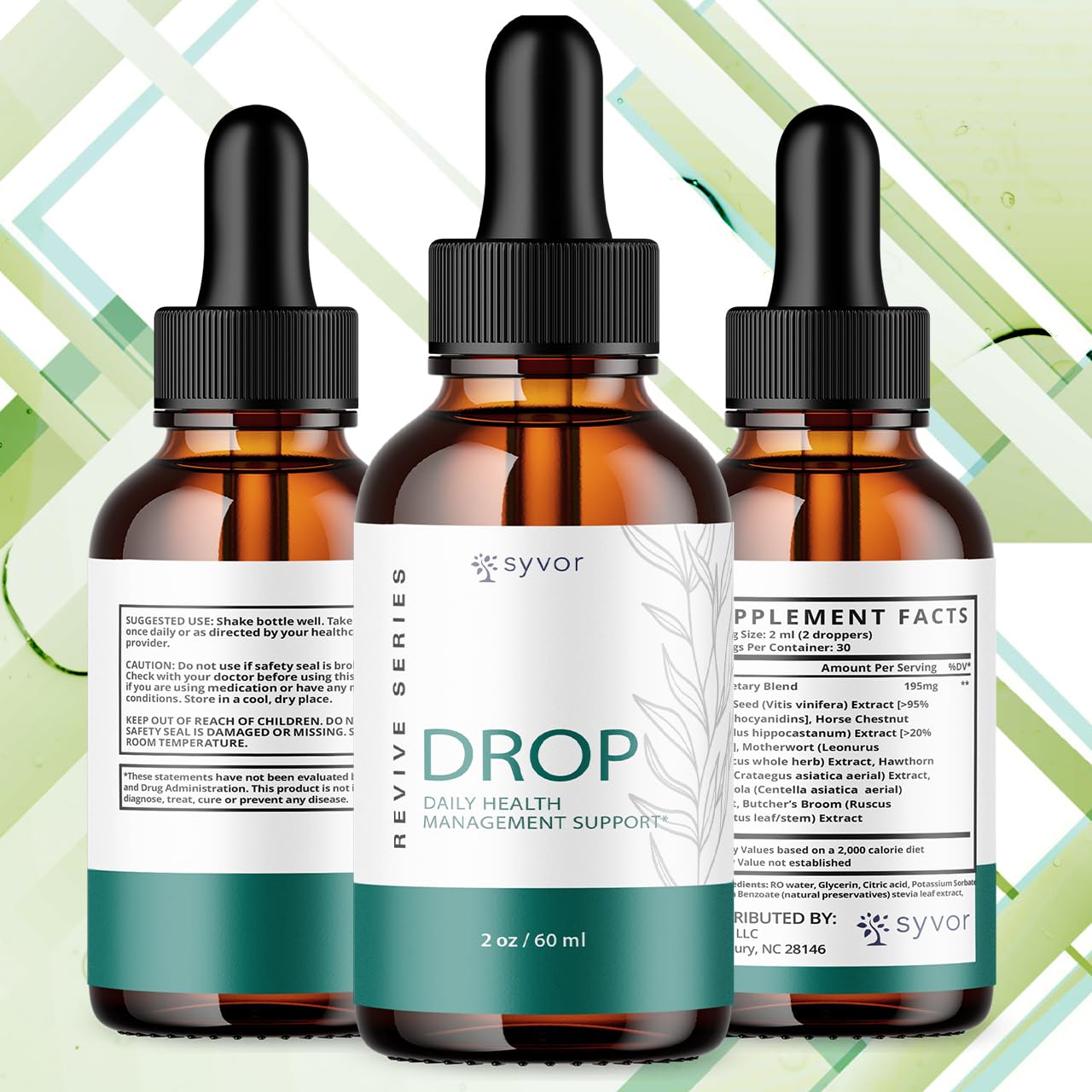 Syvor Drop The Pounds Drops bottle with dropper highlighting all natural formula.