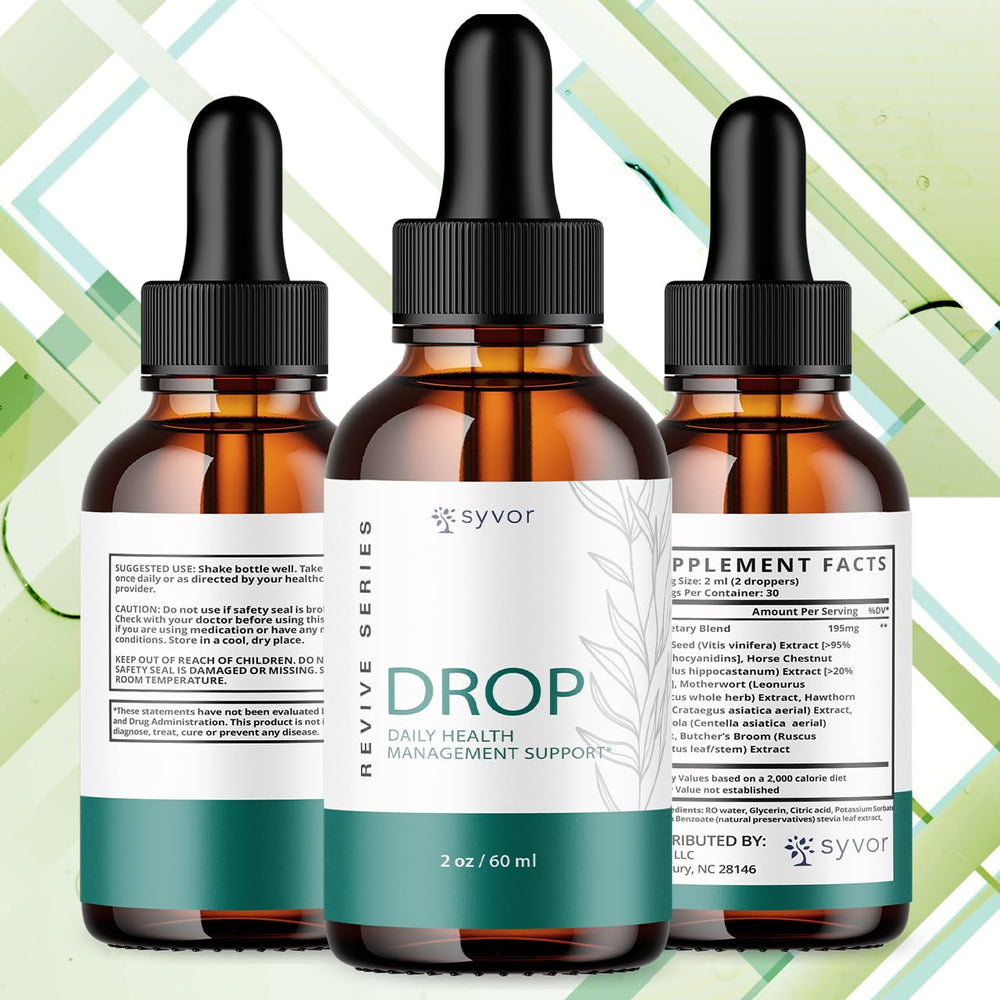 Syvor Drop The Pounds Drops bottle with dropper highlighting all natural formula.