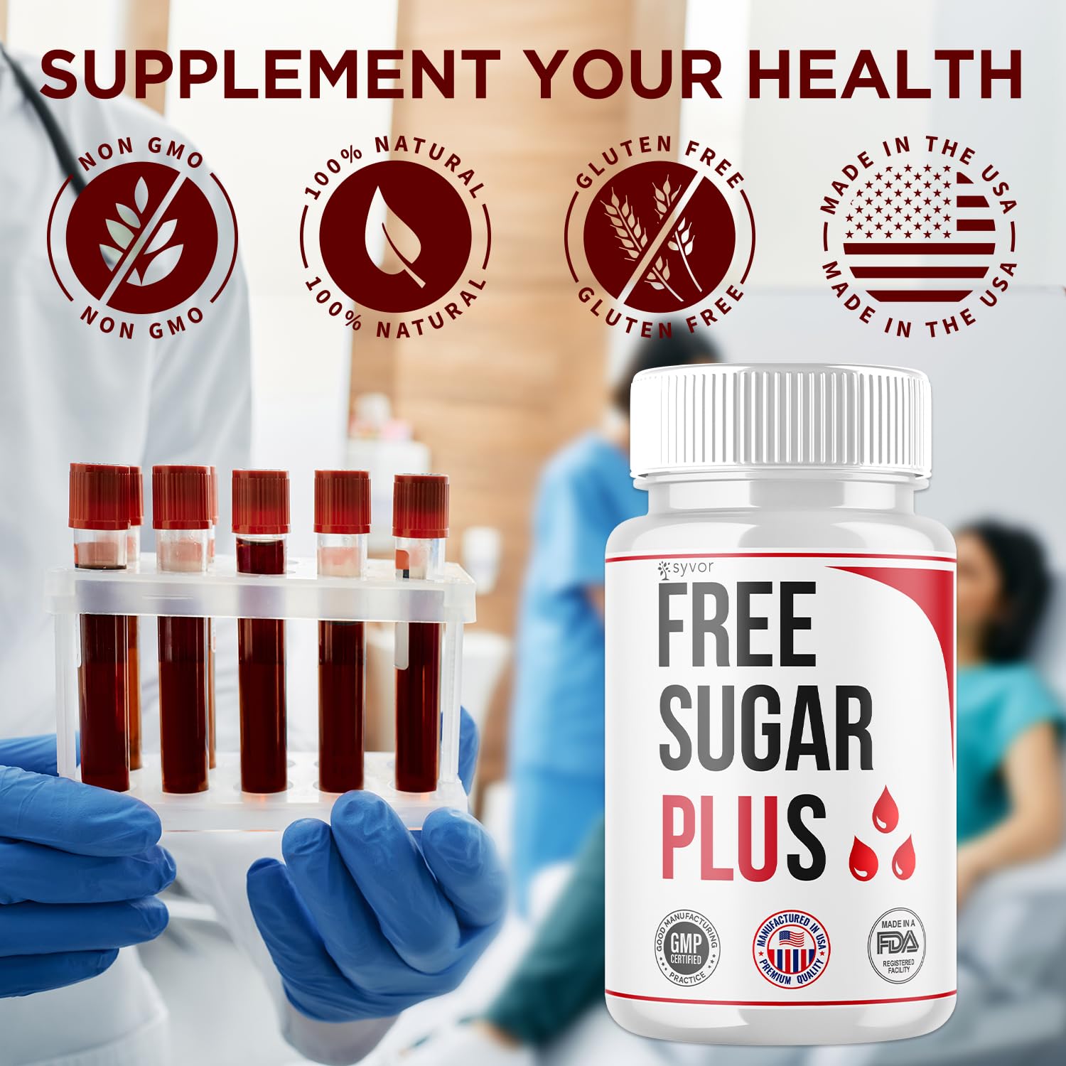 Syvor Free Sugar Plus Capsules packaging label with premium vitamins