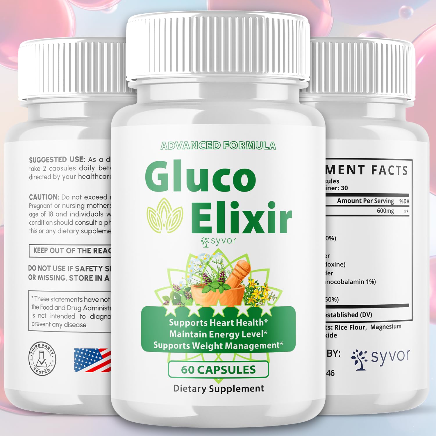 Syvor Gluco Elixir bottle with capsules shows convenient daily intake