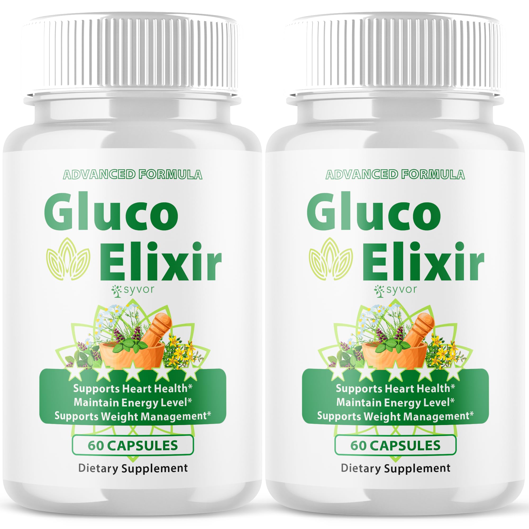 Syvor Gluco Elixir bottle front view highlights all-natural formula for daily wellness